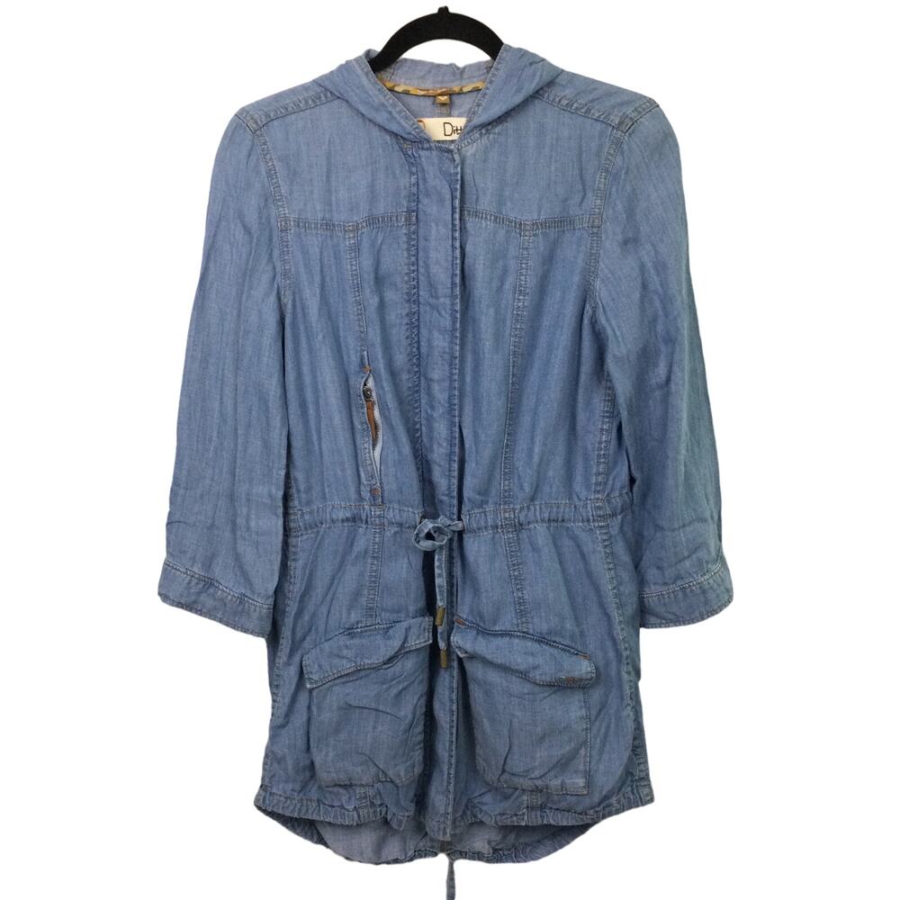 Dittos Chambray Utilitarian Versatile Casual Hooded Full Zip 3/4 Jacket Size M